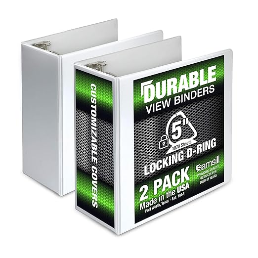 Samsill Durable 5 inch 3 Ring Binder, Locking D Ring 100% Recycled Chipboard, White, 2 Pack