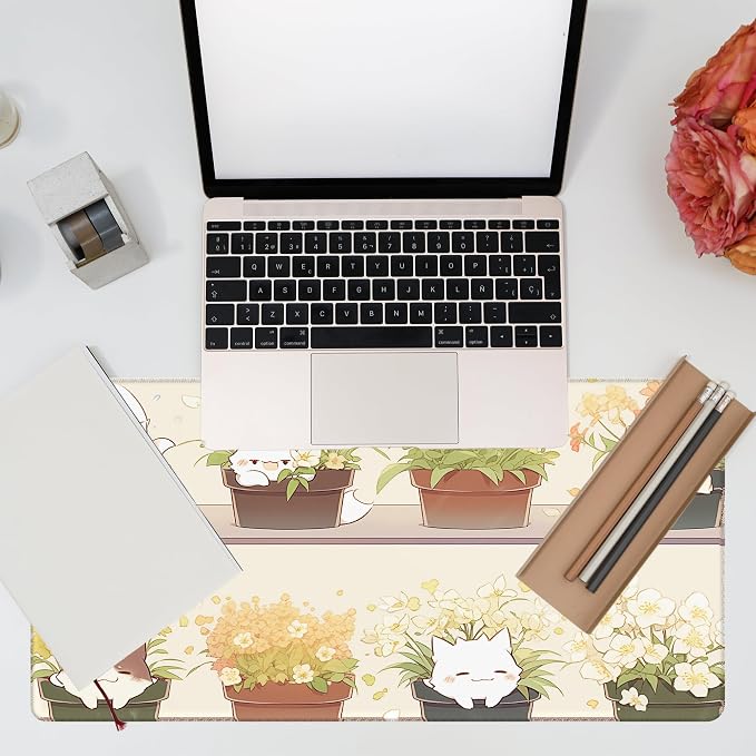 Desk Pad, Cute Cat Potted Plant Desk Mat, Anime Kawaii Cat Large Gaming Mouse Pad for Desk, 31.5"x15.7" Extended Big Computer Keyboard Mouse Pad with Non-Slip Base and Stitched Edge