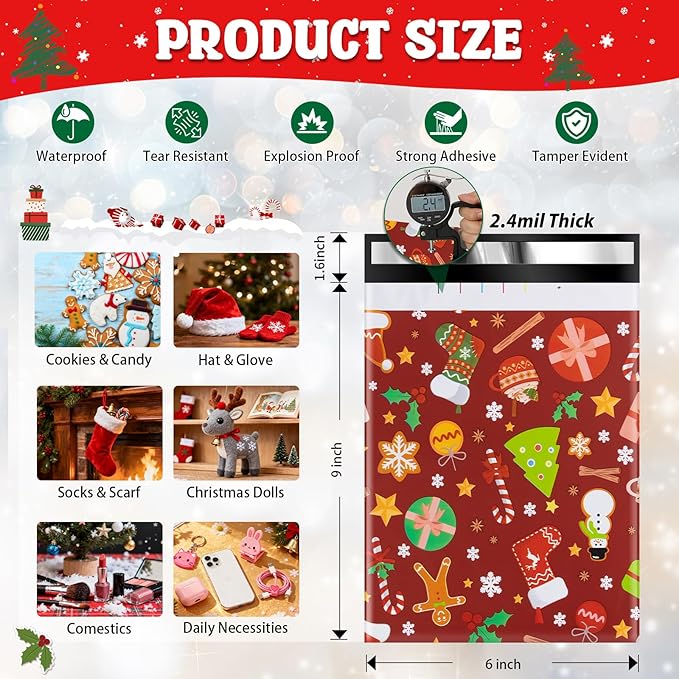 Oududianzi Christmas Poly Mailers 6x9, 100PCS Plastic Shipping Bags, Mailers Poly Bags for Shipping, Self-Seal Mailing Bags, Holiday Polymailers Packaging Bags for Small Business and Retail Stores