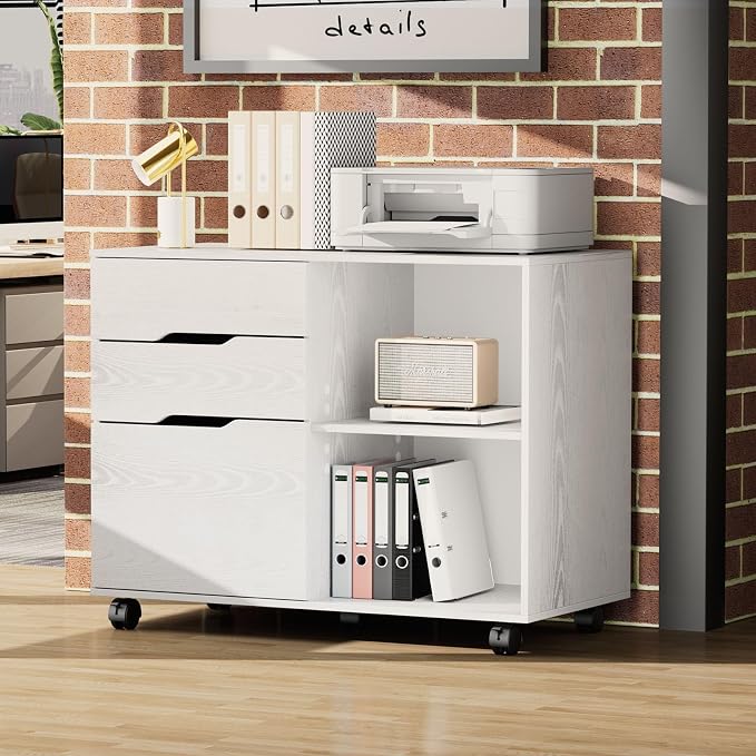 OLIXIS 3 Drawer Lateral File Cabinet, Rolling Printer Stand with Storage | Mobile Filing Cabinet Fits Under Desks, Holds A4/letter Files with Hanging Frame and Lockable Wheels, White