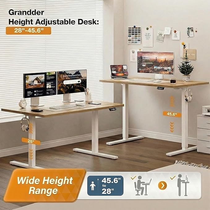 Grandder 55x32 Large Electric Standing Desk, Height Adjustable Computer Desk with 2 Memory Presets, 31.5" Deep Desktop Sit Stand Desk Home Office Desk Workstation Table with Hooks, Oak