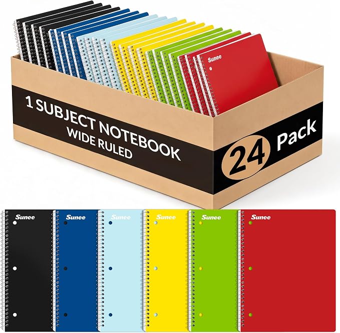 SUNEE Spiral Notebooks, 1-Subject, 24 Pack, Wide Ruled Paper, 8" x 10-1/2", 70 Sheets per Notebook, 3-Hole Punched Paper, Spiral Lined Notebooks for School, Work, Classic Colors