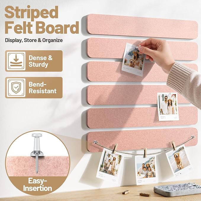 10 Pack 13"x2" Cork Board Strip with Removable Adhesive Squares & Push Pins | Pin Board Alternative Felt Strip Bulletin Board, Felt Board for Photo & Note Display, Home Office Decor - Pink