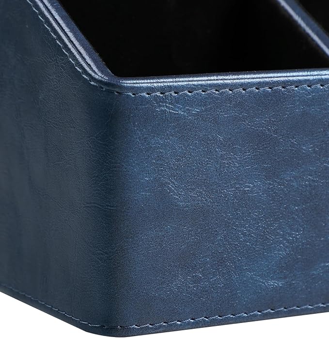PU Leather Desk Organizer, Remote Control Holder, Dark Blue | Luxury Nightstand Organizer for Home, Office Desk Accessories, Bedside Table Caddy with 5 Compartments, Velvet Lining
