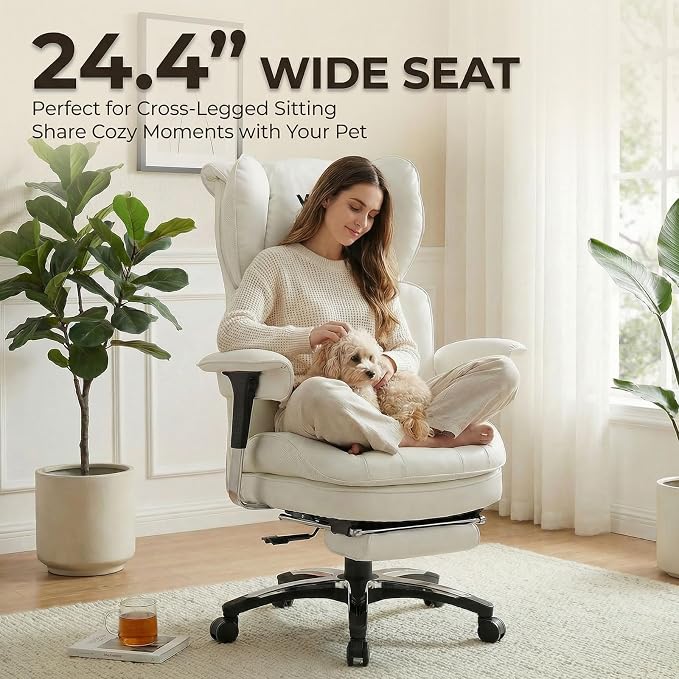 Efomao Big & Tall Desk Chair, Wide Executive Office Chair with Footrest White-L