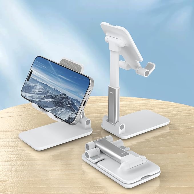 Cell Phone Stand, Adjustable Angle and Height Cell Phone Holder for Desk, Foldable and Portable, Anti-Slip Silicone Pad, Compatible with All Mobile Phones and 4-8 Inch Devices (White&White)