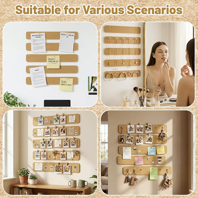 5 Pack Felt Bulletin Board Strips, 13x2 Inch Pin Board, Cork Boards | Self Adhesive, Includes 30 Pushpins, High-Density, Lightweight, for Wall Organiser, Home School Office Decor (Brown)