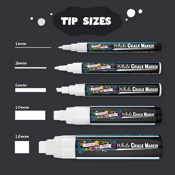 CHALKY CROWN White Liquid Chalk Markers - 5 Pack (1, 3, 6, 10, 15mm) | Multi-Tip Variety Pack Includes 1, 3, 6, 10 & 15mm Tips - Non-Toxic Ink for Windows, Glass & Signs - Smooth Wipe-Clean