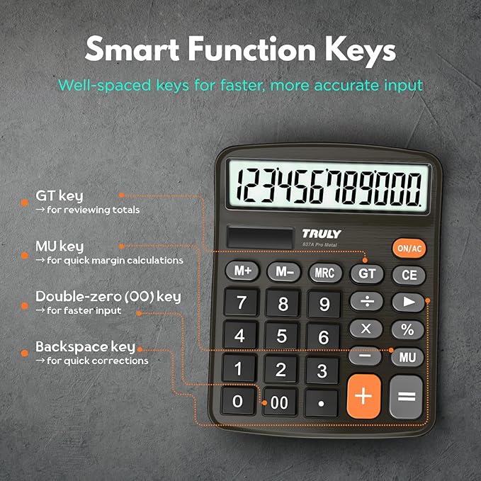 TRULY 12-Digit Desktop Calculator with Large Display, Big Buttons, Dual Power (Solar + Battery), Metal Finish, Ideal for Office, Home, School – 837A Pro Black