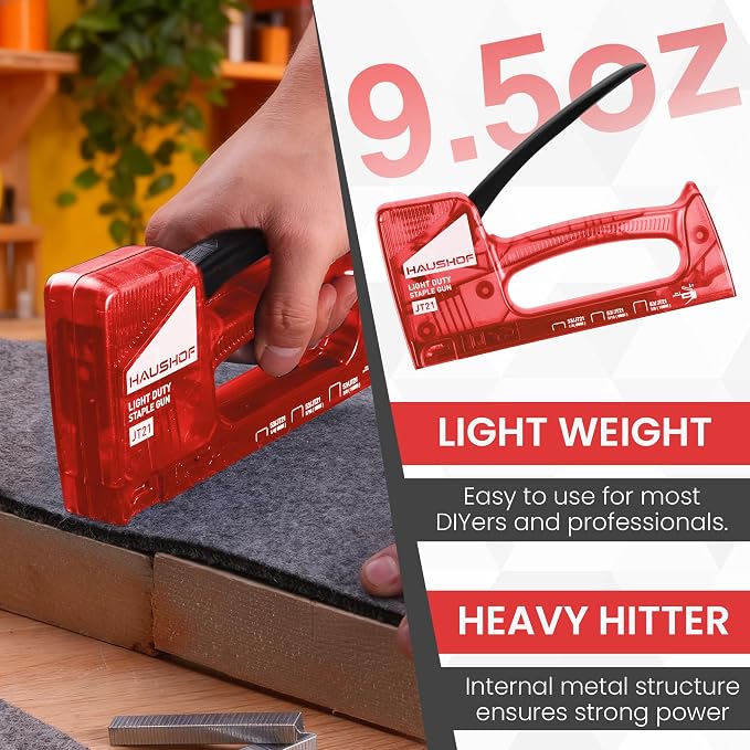 HAUSHOF Light Duty Staple Gun, Upholstery Staple Gun with 800PCS JT21 Staples and Stapler Remover, Fits JT21 Staple of 1/4'', 5/16'' & 3/8'', Used for Wood, Classroom, Crafts, DIY (Red Transparent) | Upholstery Staple Gun Fits JT21 Staple of 1/4'', 5/1...