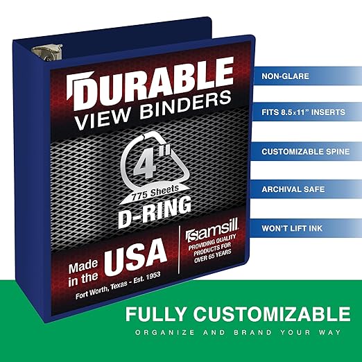 Samsill Durable 4 Inch Binder, Locking D Ring Binder, Customizable Clear View Cover, Dark Blue, Holds 775 Pages