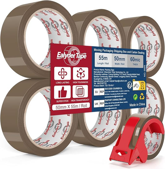 Brown Packing Tape 2 inch x 60 Yards, 6 Rolls with Dispenser – Heavy Duty Parcel Sealing Tape for Shipping, Moving and Storage, Total 360 Yards