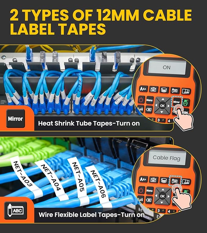 E1000 Heat Shrink Label Maker, Wire Label Maker Waterproof-Labels, Labeler Machine with 2PK 12mm 0.47 Heat Shrink Tube Tapes & 2PK Flexible Cable Tapes for Industrial Electrical Use