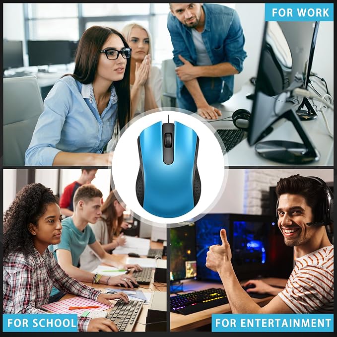 Hoteam 12 Pcs Wired Mouse Bulk, USB Ergonomic Computer Mice,Light Blue | Plug Play USB Cord, Textured Grip for Office Gaming, Desktop Laptop Compatible, Bulk Office School Business Supply