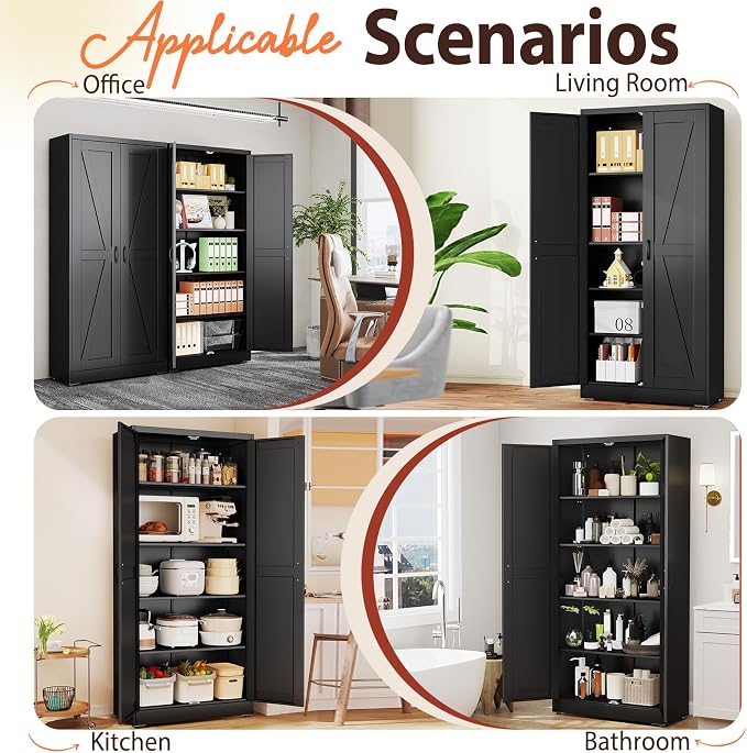 PAOFIN 71" Black Metal Storage Pantry Cabinet | Tall Kitchen Pantry Storage Cabinets with 2 Doors and 4 Adjustable Shelves, Cupboard for Home,Kitchen,Dining/Living Room