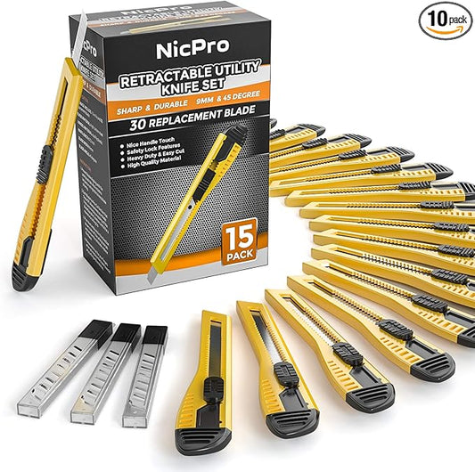 Nicpro 15 PCS Utility Knife Box Cutters Retractable Razor Knife 9mm with 30 PCS Extra Snap Off Blades for Lightweight Office, Home, Arts Crafts, Hobby