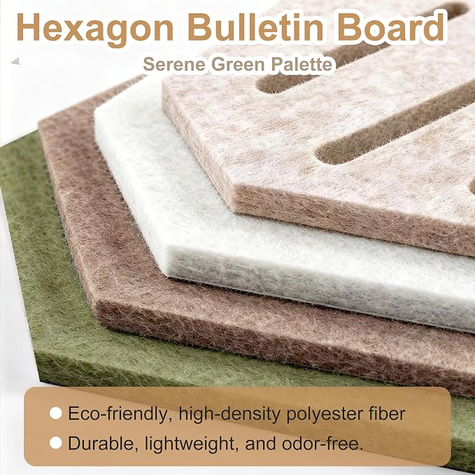 12PK Hexagon Cork Board & Felt Board Serene Green 70 Pins | 11.8x10.2 inches, 12-pack set, cut-out geometric designs, ideal for home office wall decor, vision board, DIY art projects