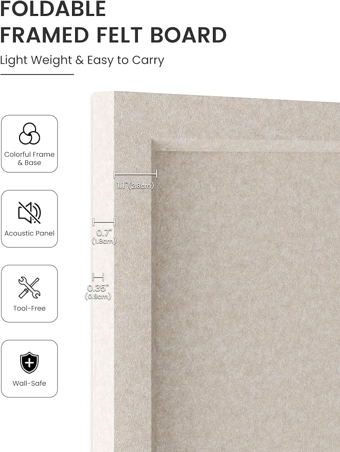 Fluxynara 47.2" x 23.6" Felt Frame Bulletin Board, Oatmeal | Cork Board Alternative with 36 Removable Adhesive Tabs, Foldable Pin Board for Wall, Home, Office, Classroom & Dorm