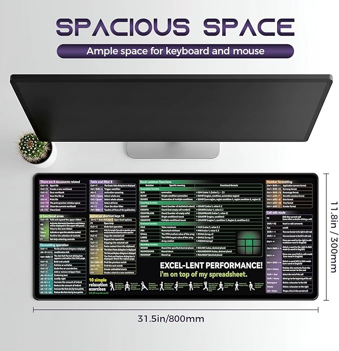 Excel Cheat Sheet Desk pad|excel Mouse pad|Contains Excel Shortcut Keys,Lager Mouse pad for Desk| XL（31.5 * 11.8in） Size|Desk mat for Keyboard and Mouse|Mouse Pads|Waterproof、Anti-Slip、Smooth