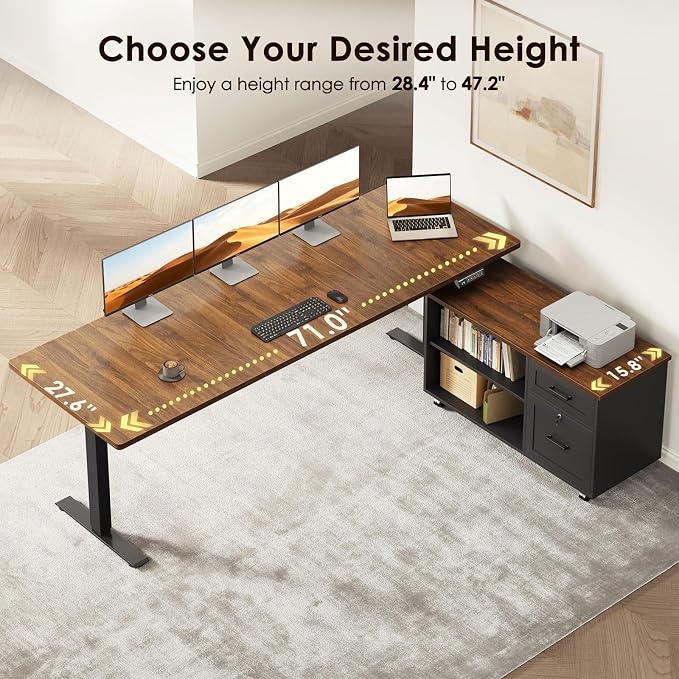 71" L Shaped Electric Standing Desk with Cabinet Sets, Walnut/Black | Mobile Drawers & File Cabinet Sets for Flexible Layout, Height Adjustable Executive Stand Up Desk for Home Office Workstation