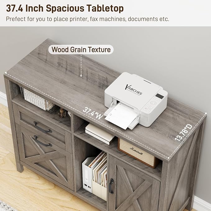 Befrases Farmhouse File Cabinet with Doors, Lateral Filing Cabinet with 2 Drawers for Letter/A4 Size Hanging Files, Large Wooden Printer Stand with Open Shelf for Home Office, Rustic Grey