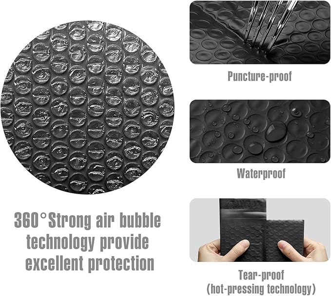 Fuxury Bubble Mailers 4x8 Inch 50Pcs Black Bubble Envelopes, Self-Seal Adhesive,Water Resistance,Strong Padded Envelopes for Small Items, Small Business, Shipping Bags, Packaging, Mailing Bulk#000