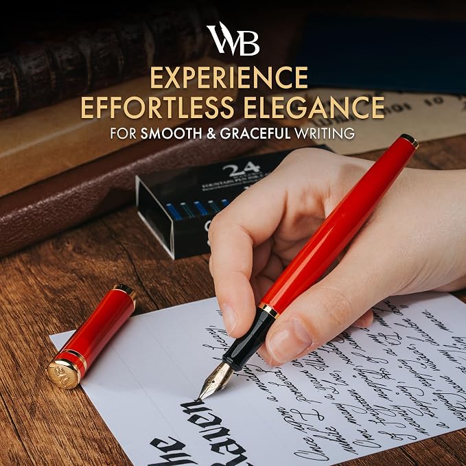 Wordsworth & Black Luxury Fountain Pen Set for Writing, Bent Nib, Red | Gift for Men & Women, Brass Body, German Iridium, Calligraphy, Converter + 24 Ink Cartridges, Refillable, Leak-Free