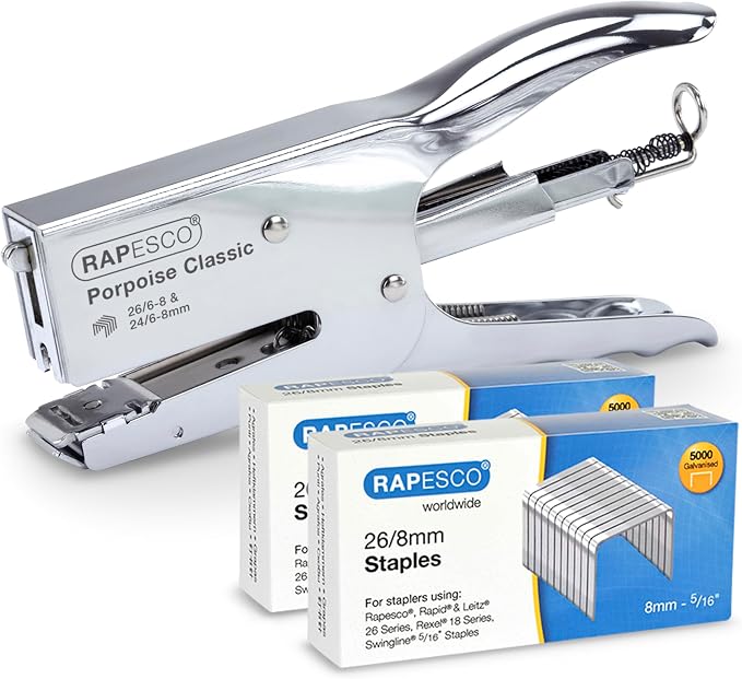 Rapesco 1298A Porpoise Classic Stapling Plier, 45 Sheet Capacity, Chrome | Includes 10,000 Standard 5/16" Staples, All-Metal Construction, Rotating Anvil for Pinning, Rear-Loading, for Office
