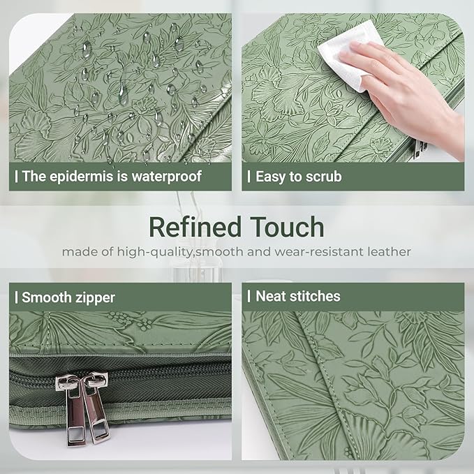 Embossed Faux Leather Zippered Padfolio with 3 Ring Binder, Executive Portfolio Organizer Binder for Women, Fits 13.9" Laptop/Tablet, Refillable Writing Pad Pocket, Green