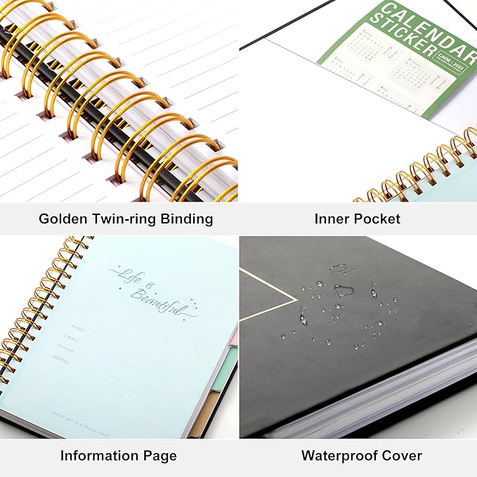 Yoment 2 Pack 5 Subject Notebook College Ruled, Hardcover Spiral Notebooks for Work School, B5 Multi Subject Notebook with Tabs Dividers, 240 Pages Lined Journal for Women Men, Pink&Black