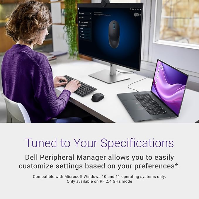 Dell MS355 Silent Mouse - Programmable Scroll Wheel, Secure Dual-Mode Connectivity, Adjustable DPI, Adjustable polling rate upto 250Hz, Ambidextrous, Low battery LED indicator, 3-Year warranty - Black