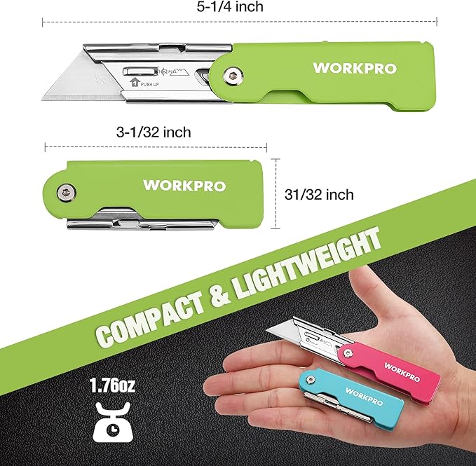 WORKPRO 3-Pack Folding Utility Knife Set, Quick Change Blade Box Cutter, Razor Knife with Belt Clip, 10 Extra SK5 Blades for Cartons, Cardboard and Boxes