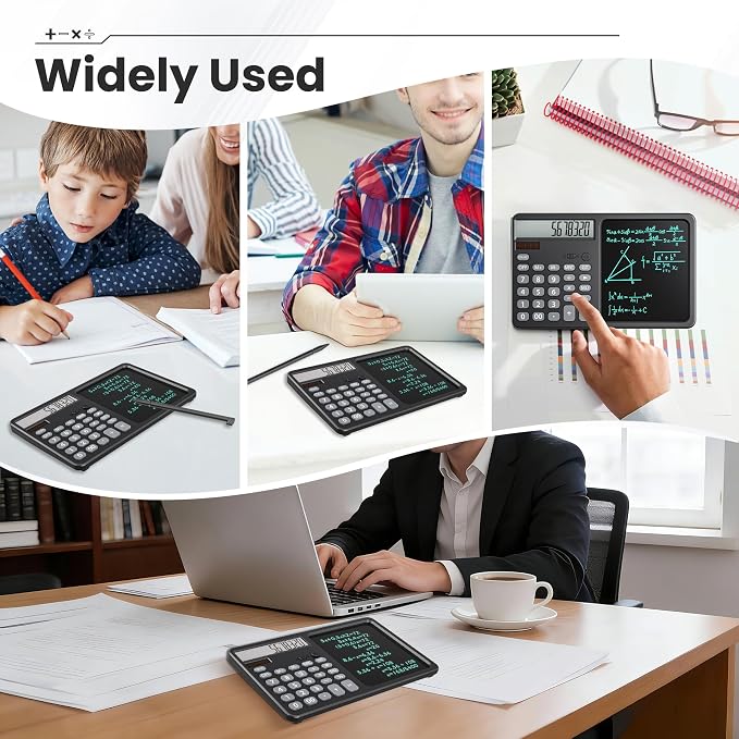 Desk Calculator with 7" LCD Writing Tablet, Stable Foldable Kickstand with Ergonomic 15° Viewing Angle, 12-Digit Large Display, Solar & Battery Dual Power, 2-in-1 Notepad Calculator -Black