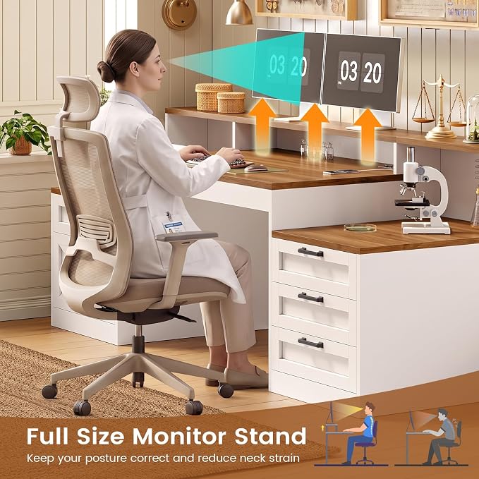 SEDETA 63" Farmhouse Office Desk with 5 Drawers, White and Brown | Executive Computer Desk with LED Lights & Monitor Stand, Wood Home Office Desk with 2 Printer Stand & Power Outlet