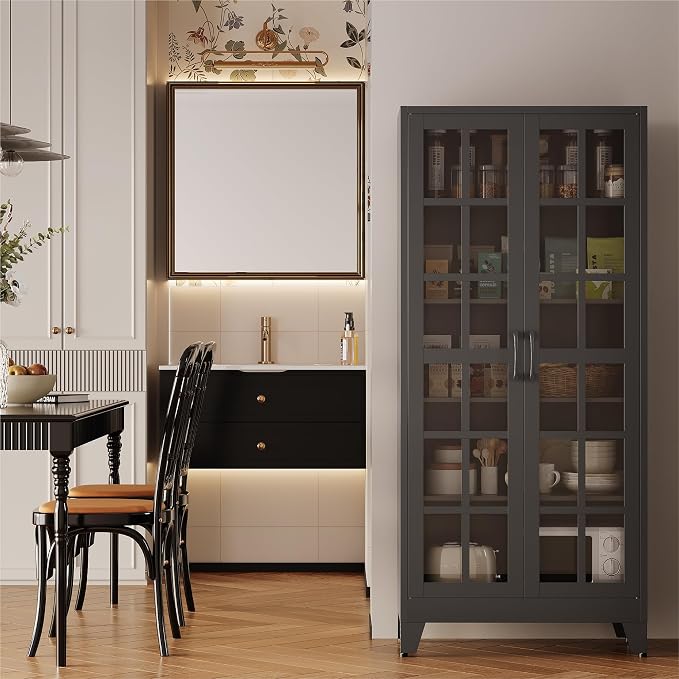 QINPTWUT 71" Tall Glass Door Storage Cabinet, Modern Metal Pantry Cabinet with 4 Adjustable Shelves, Freestanding Display Cabinet for Kitchen, Living Room, Dining Room, Home Office (Black)