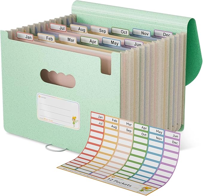Accordion File Organizer, 12-Pocket Wheat Straw Expanding File Folder, Portable Monthly Bill & Tax Receipt Organizer, Letter/A4 Size Document Holder with Colorful Tabs-Mint Green