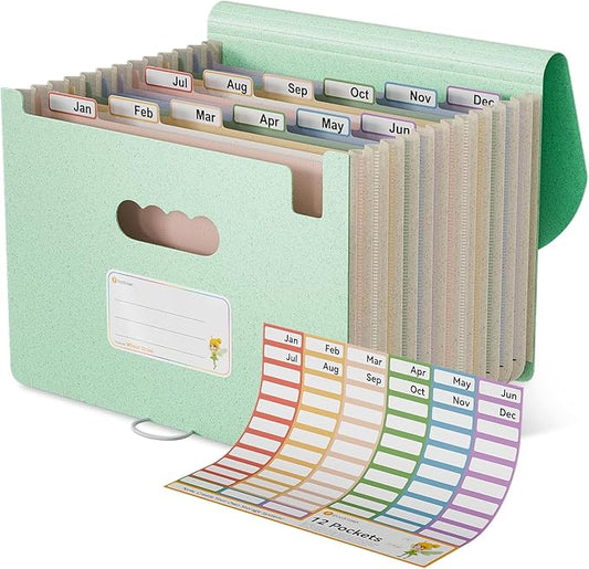 Accordion File Organizer, 12-Pocket Wheat Straw Expanding File Folder, Portable Monthly Bill & Tax Receipt Organizer, Letter/A4 Size Document Holder with Colorful Tabs-Mint Green