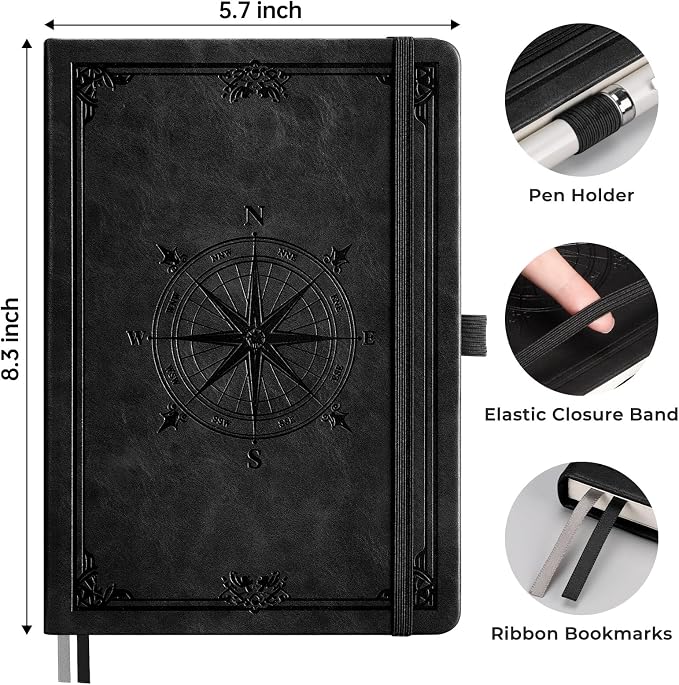 AHGXG Lined Journal Notebook, 192 Numbered Pages, A5 Size (5.7'' x 8.3'') | for Men & Women, Journaling, Writing, Work & Office, Leather Hardcover, 100 GSM Thick Paper (Black)