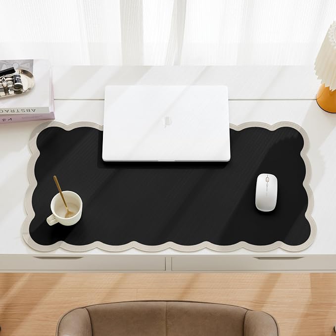 Scalloped Desk Mat, 31.5" x 15.7" Black Beige Large Cute Aesthetic Desk Accessories, PU Leather Computer Laptop Desk Mouse Keyboard Pad, Desk Writing Mat for Vanity/Work/Home Decor