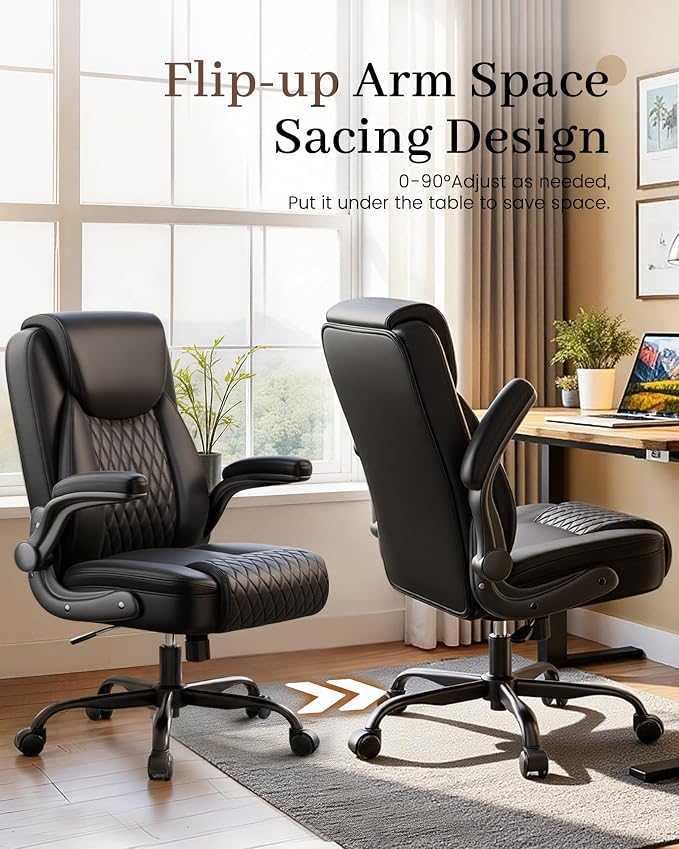COMHOMA Mid-Back Office Chair, Ergonomic PU Desk Chair with Flip up Arms, Small Computer Gaming with Comfy Lumbar Support,Rocking Function,Sturdy Metal Base, Black