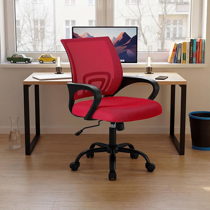 DUMOS Ergonomic Office Chair, Mid-Back Executive Desk Chair 2 Pack | Comfortable Lumbar Support, Breathable Backrest, Fixed Armrest, Height Adjustable, 360° Swivel, Computer Gaming, Red