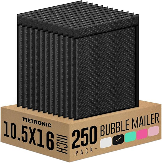 Metronic Large Bubble Mailers 10.5x16" 250 Pack Self Seal Black Padded Envelopes Strong Adhesion Mailing Envelopes Bubble Padded for Small Business Shipping Books Clothes Gifts