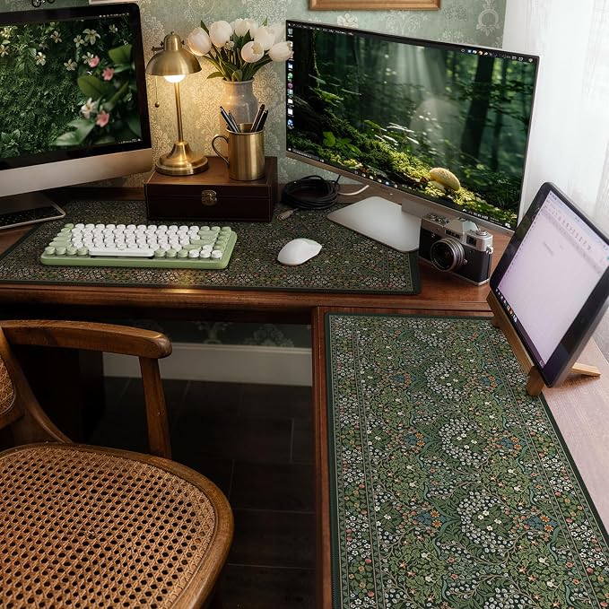 iCasso Retro Mouse Pad, Desk Pad Mat, Full Desk Large Mousepad, Green | 35.4x15.7in Anti-Slip Smooth Surface XXL Computer Pad with Stitched Edges for Home Office Organizer