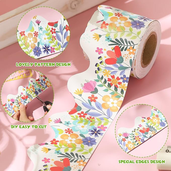 32.8 Ft Wildflower Bulletin Borders Floral Trim for Classroom | Scalloped Edge Trim, Pastel Wildflower Design for Classroom, Spanish Fiesta Classroom Office Decor, Colorful Floral Borders