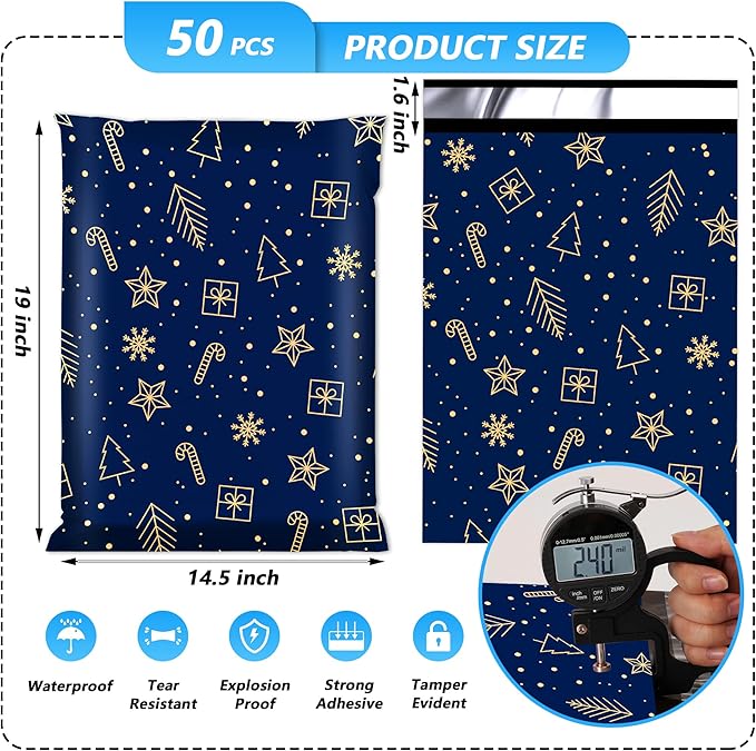Christmas Poly Mailer 14.5x19 Inch 50 Pcs, Waterproof and Tear-Resistant Shipping Bags for Clothing, Strong Mailing Bags with Self-Seal, Cute Packaging Bags for Small Business - Starrysky