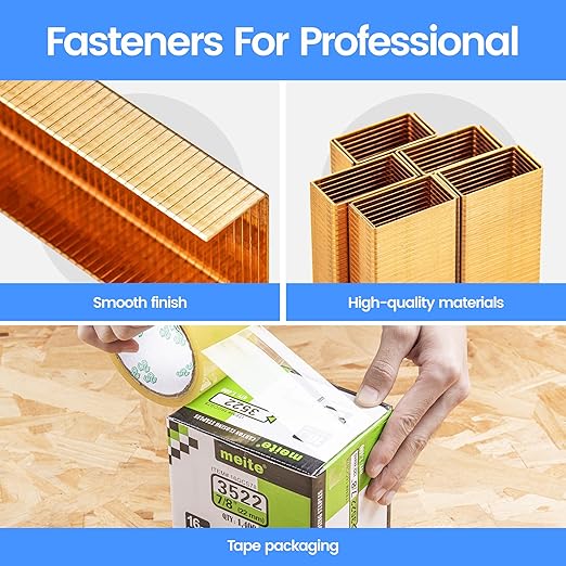 meite Carton Closing Staples 16 Gauge 1-3/8" Wide Crown 7/8" Leg Copper-Coated Box Staples for Pneumatic or Manual Box Stapler Cardboard Sealer Packaging (1,400PCS)