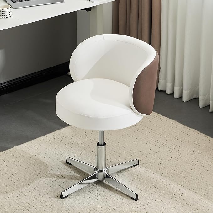 VINGLI Cute Small Swivel Desk Chair Comfy no Wheels,Ergonomic Low-Back Lumbar Support Vanity Nail Tech Computer Task Stool Chair for Home Office,Height Adjustable,PU Leather White&Suede Khaki