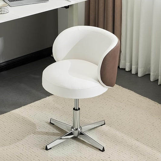 VINGLI Cute Small Swivel Desk Chair Comfy no Wheels,Ergonomic Low-Back Lumbar Support Vanity Nail Tech Computer Task Stool Chair for Home Office,Height Adjustable,PU Leather White&Suede Khaki