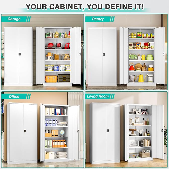 Wide & Deep Metal Storage Storage Cabinet with Adjustable Shelves,White Metal Cabinet with Lock,Steel Pantry Cabinets,72" Lockable Cabinets for Home,Office,Garage,Kitchen,Shop