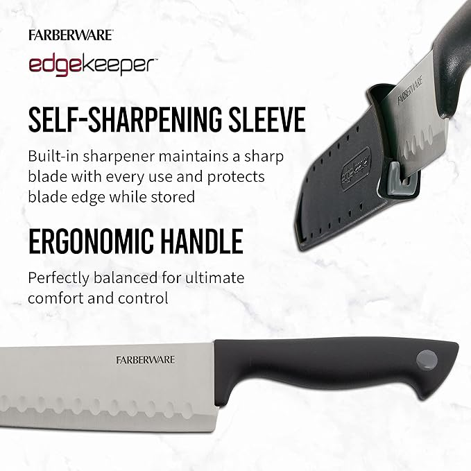 Farberware Edgekeeper 7-Inch Santoku Knife with Self-Sharpening Blade Cover, High Carbon-Stainless Steel Kitchen Knife with Ergonomic Handle, Razor-Sharp Knife, Black